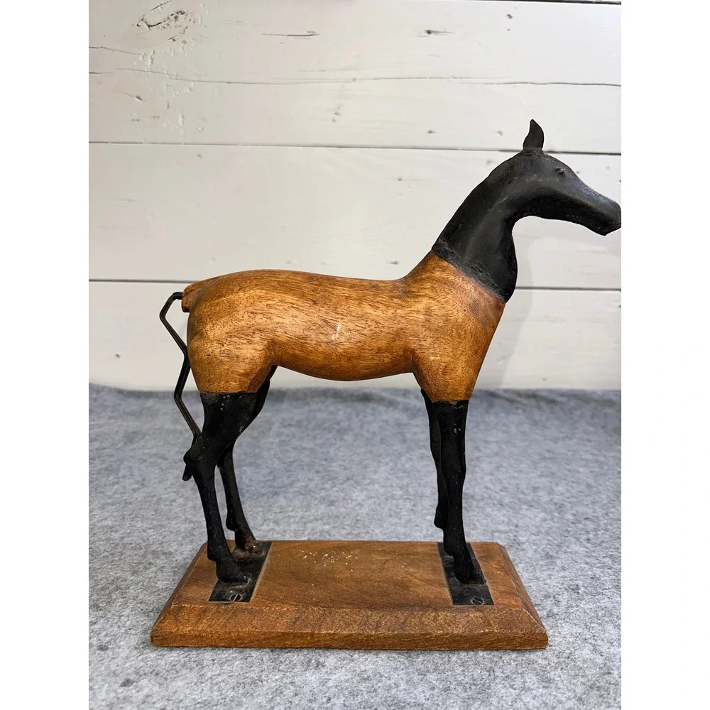 Vintage Hand Carved Wooden Horse Sculpture Two Tone Equine Figurine on Base